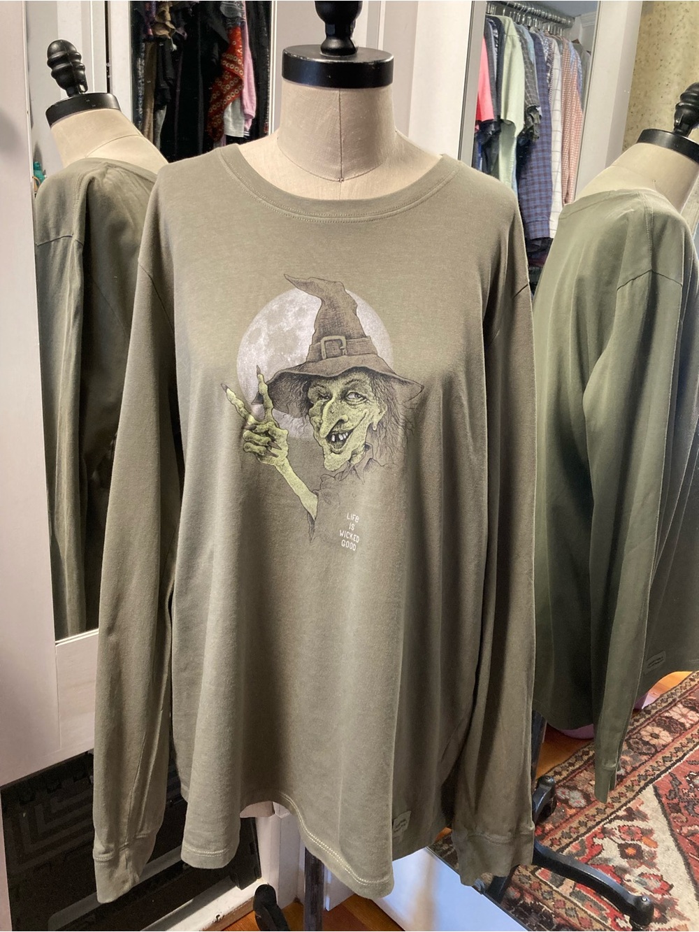 Life Is Good Women’s Olive Green Long-Sleeve Tee with Witch Graphic, Size XL